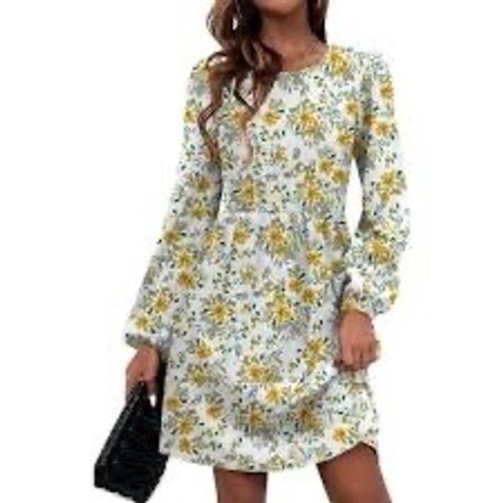 Cottagecore Yellow Floral Ribbed Long Sleeve Babydoll Mini Dress Large NWT